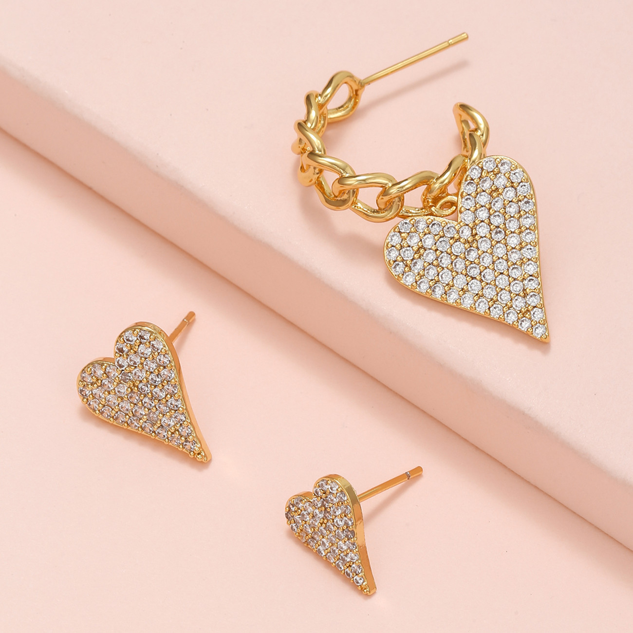 Fashion Heart Shape Brass Ear Studs Gem Copper Earrings 3 Piece Set