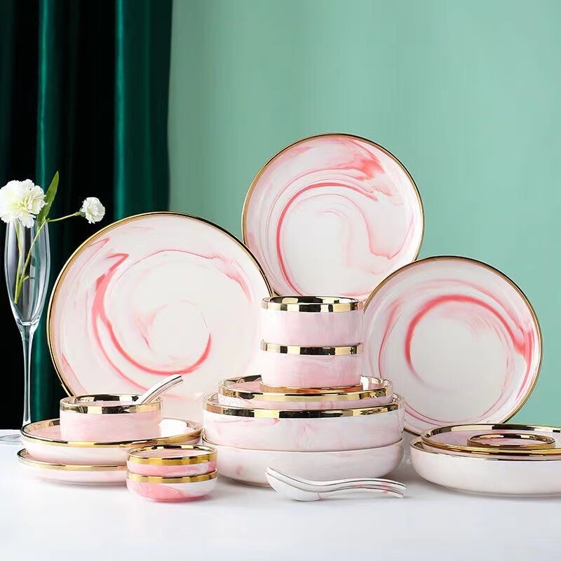 Scandinavian Style Marble Ceramic Tableware Set with Gold Rim and High-Looking Rice Bowl, Underglaze Color Vegetable Plate, Fish Plate, Pizza Plate