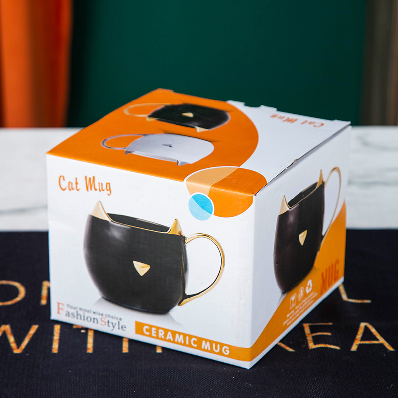 3D猫耳朵陶瓷马克杯欧式创意猫咪杯黑白猫咪情侣杯定制LOGO礼品杯