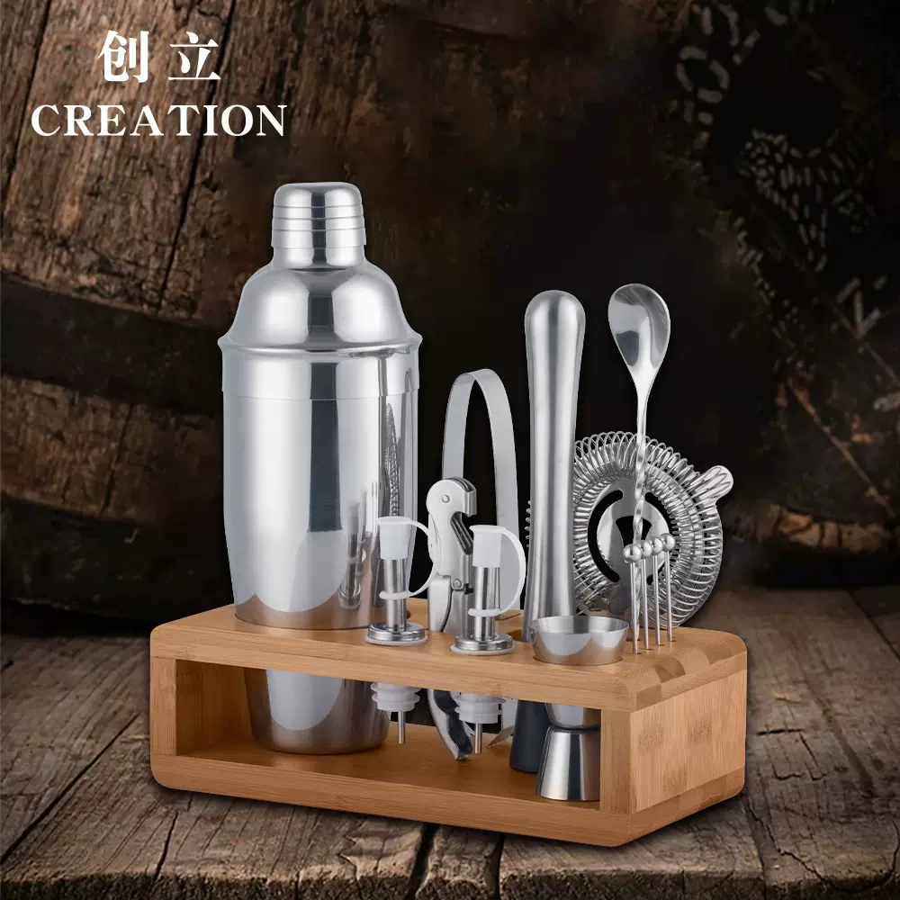 定制调酒器竹木架14件套调酒瓶调酒杯全套不锈钢高档酒具套装批发