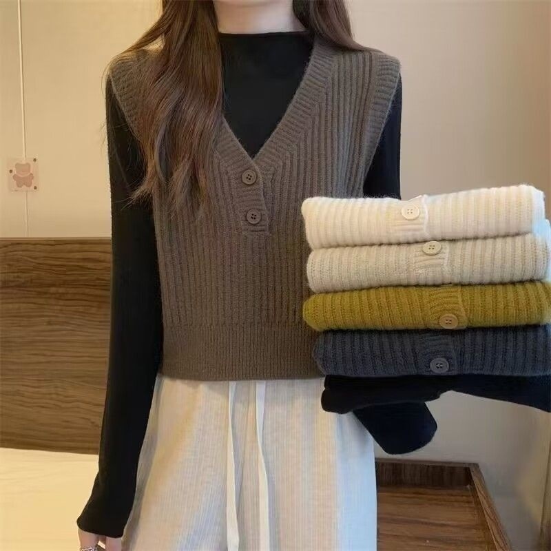 Layered Knit Vests for Women: Long-Sleeve Shirts with Sweaters for Autumn/Winter 2025 New Arrivals, Top-Neck T-shirts for Innerwear, Outerwear Style