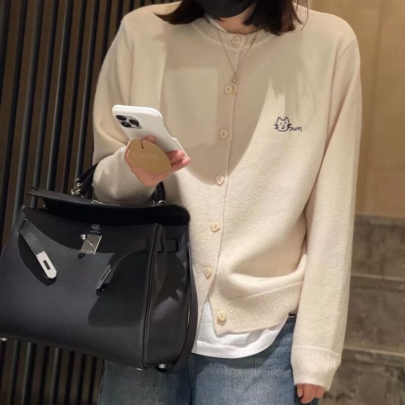 College Style Korean Embroidered Long-Sleeved Navy Blue Knitted Cardigan Spring New Gray Slim Short Jacket Top