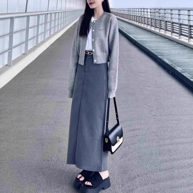 韩系慵懒风灰色毛衣外套女春秋2025新款修身短款针织开衫辣妹上衣|undefined