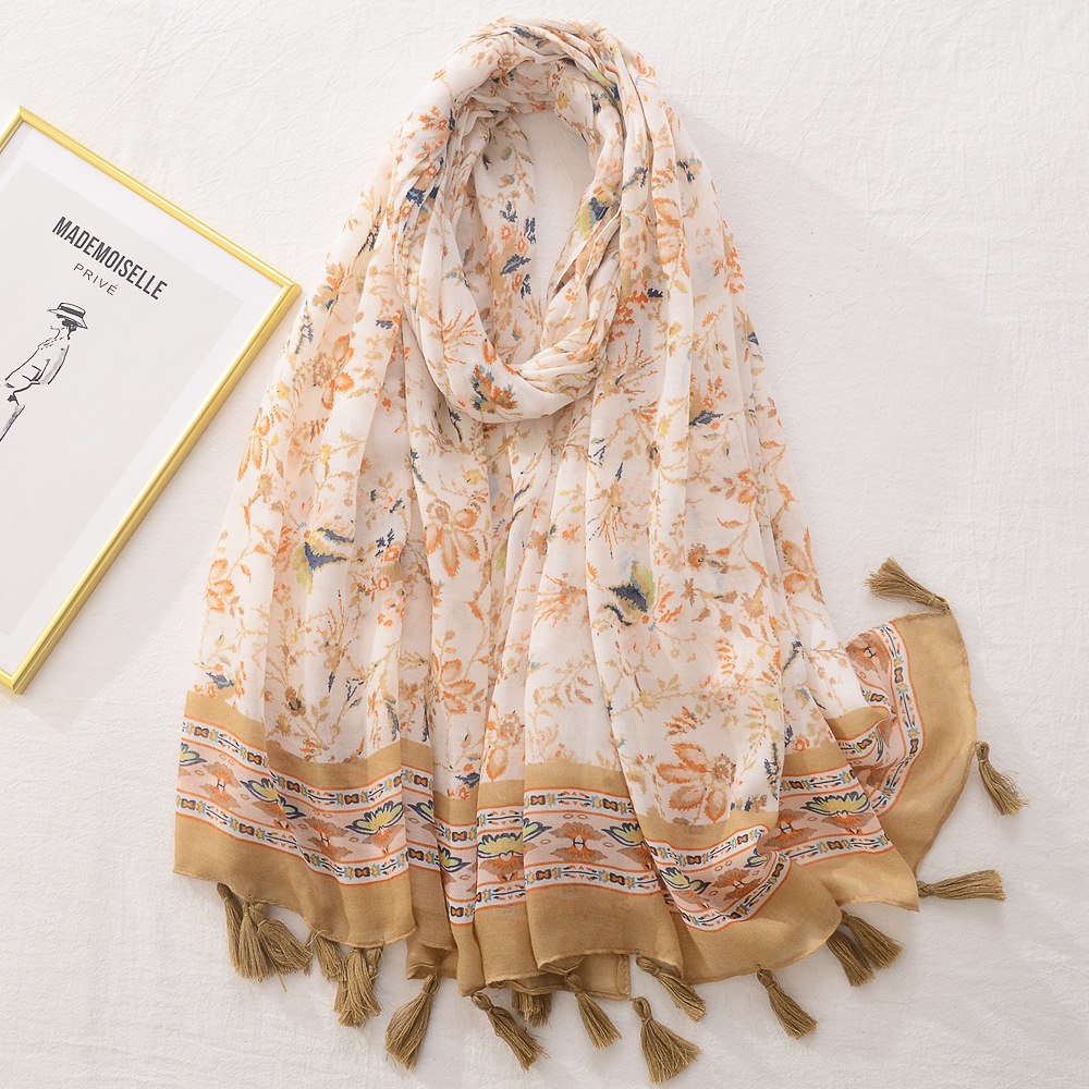 Moda retro étnica planta flor bufanda de las mujeres primavera y verano fino algodón y lino sensación bufanda Comercio exterior Exportación protector solar toalla
