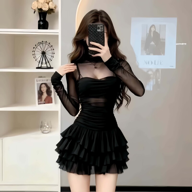2026 new collection: elegant and sophisticated long-sleeved, high-necked, tiered dress with mesh panels, perfect for a French-style evening gala 2026 new collection: elegant and sophisticated long-sleeved, high-necked, tiered dress with mesh panels, perfect for a French-style evening gala