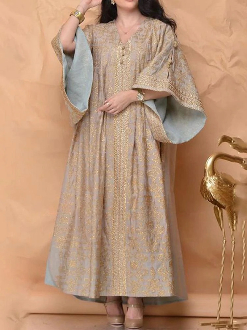 2022 Spring/Summr Nw Europan And Amrican Womn's Clothing V-nck Gold Embroidrd Loos Bll Slv Drss_ecoleips.com