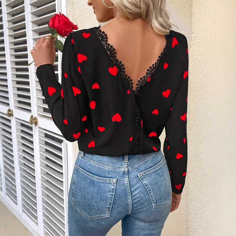 European and American Cross-Border Trade Fashion Long-Sleeved Shirt with Lace Trim on the Back, Heart-Shaped Print, Elegant Hollow-Out Design for Commuting