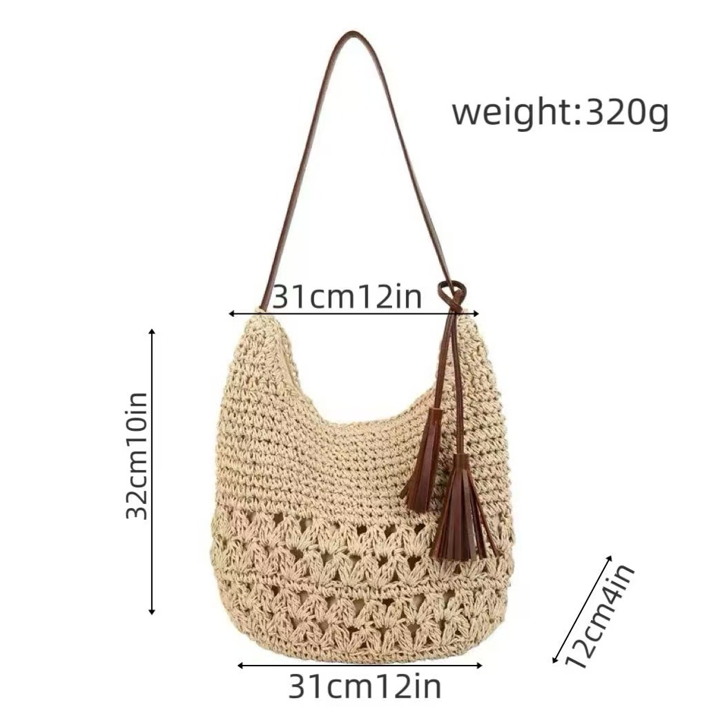 2025 New Summer Straw Woven Bag For Women - Fashion Large Capacity Shoulder Bag, Beach Vacation Style Commuter Tote - Thumbnail 7