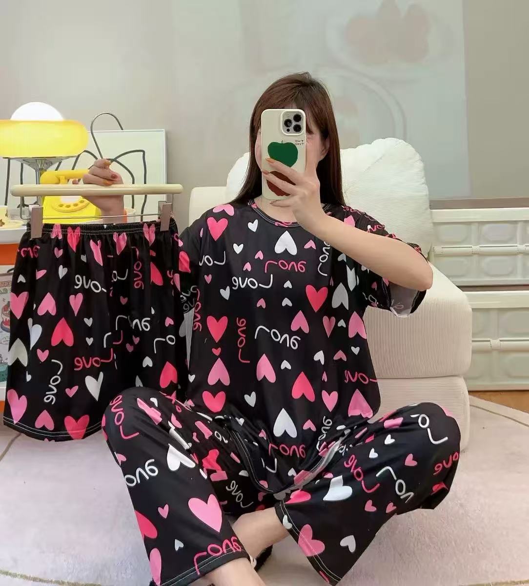 [conjunto de tres piezas] pijamas de mujer nuevo cuello redondo de verano manga corta ropa casera casual pantalones cortos sueltos set