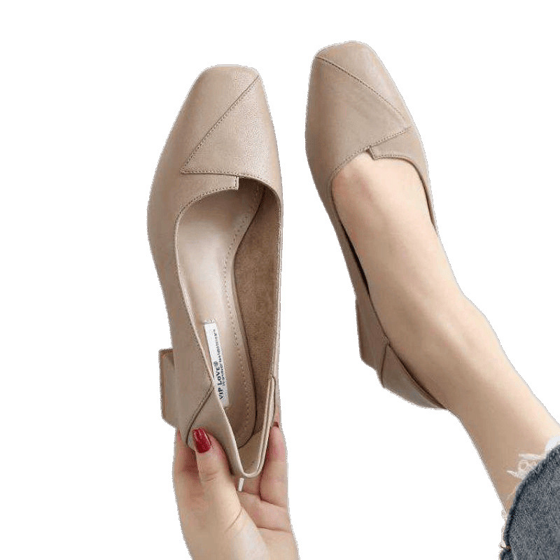 Shallow Mouth Flats Women's Medium Heel 2025 New Spring Versatile High Heels Thick Heel Pointed Toe Black Soft Sole Work Shoes Leather Shoes