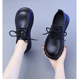 Genuine Leather Boots Women's Autumn 2024 New Flat Solid Color Single-layer Shoes Non-slip Soft Bottom Low-top Shoes British-style Leather Shoes