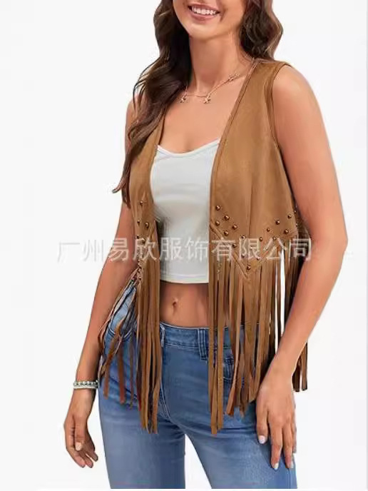 Tassel Vest Women Faux Suede Open Front Vintage Tank Tops Sleeveless 70S Boho Western Tops