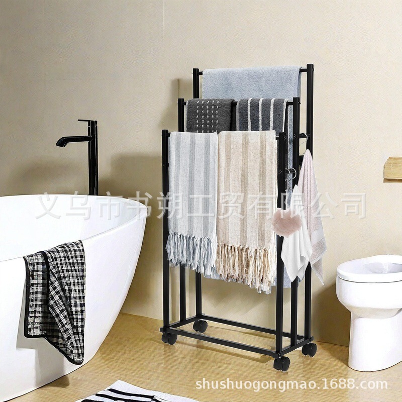Wrought Iron Mobile Towel Rack Metal Storage Rack Non-perforated Floor Toilet Bathroom Bath Towel Storage Hanging Rod