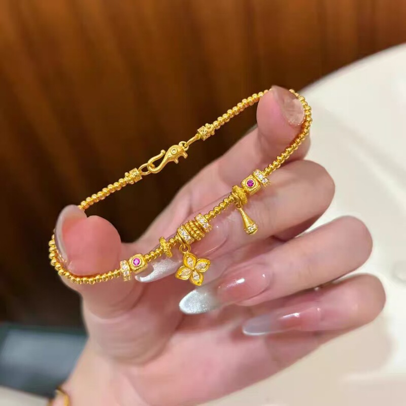 Gold Store Same Style New Chinese-Style Gold-Plated Four-Leaf Clover Water Drop Gold Bead Bracelet, Fashionable Light Luxury Niche High-End Jewelry
