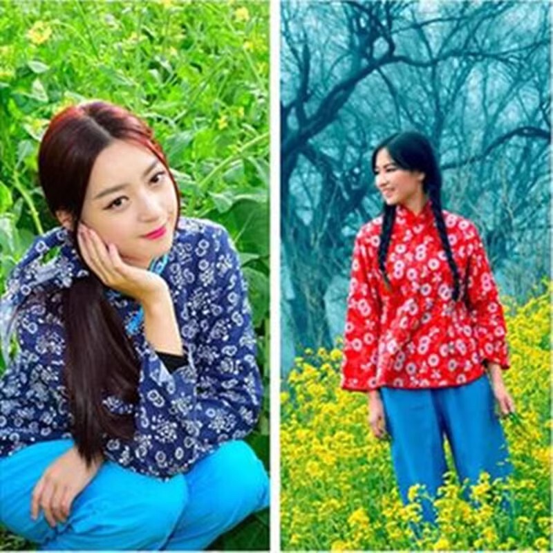 A Qing Sis Performance Costume Tea-Picking Outfit Women's Yangge Dance Costume Adult Children's Floral Farmer Village Girl Costume