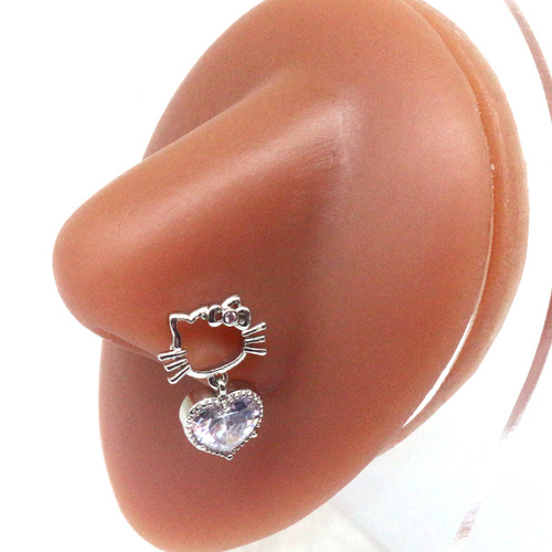 European and American cross-border cute hollow diamond cat head nose nail heart-shaped zircon nose ring stainless steel nose piercing jewelry