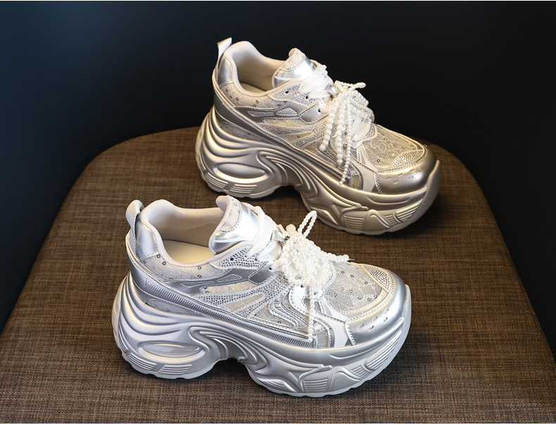 Giày sneaker chunky đế dày lưới thoáng khí tăng chiều cao nữ — Màu trắng chi tiết 5