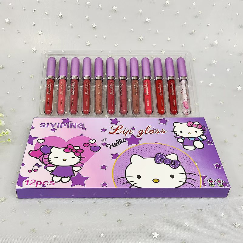 Cross-Border 12-Piece Boxed Cartoon Lip Glaze Matte Non-Stick Cup Lip Gloss European and American Lipstick Nude Color Export Makeup Ready Stock