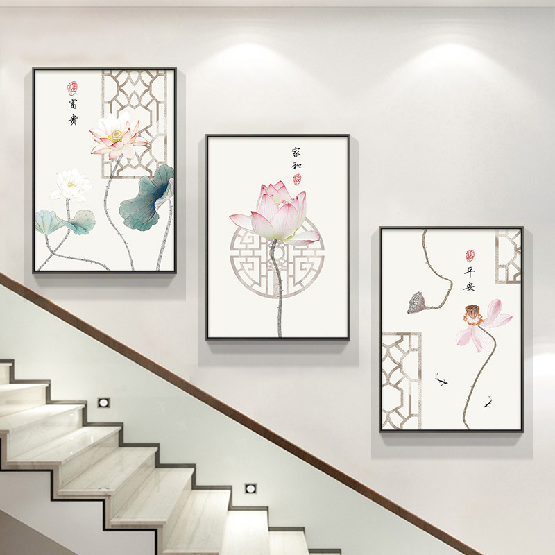 深セン大芬油画村階段階段間装飾画新中国式花鳥ハスの花複式壁画客間|undefined
