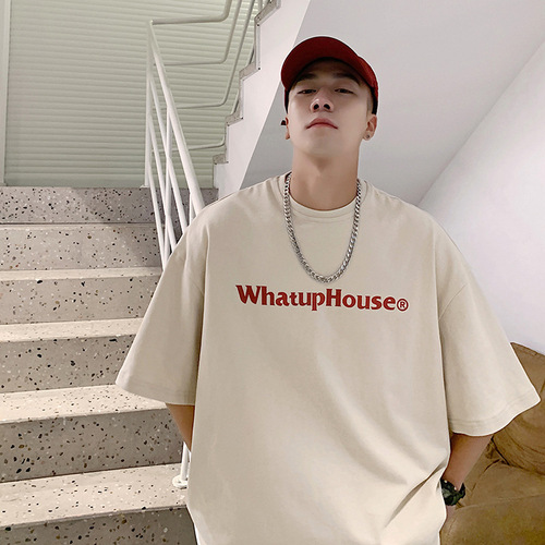 Cross-border Instagram short-sleeved t-shirt for men, Hong Kong-style printed crew neck t-shirt, Hong Kong-style simple and versatile trendy brand five-quarter upper garment