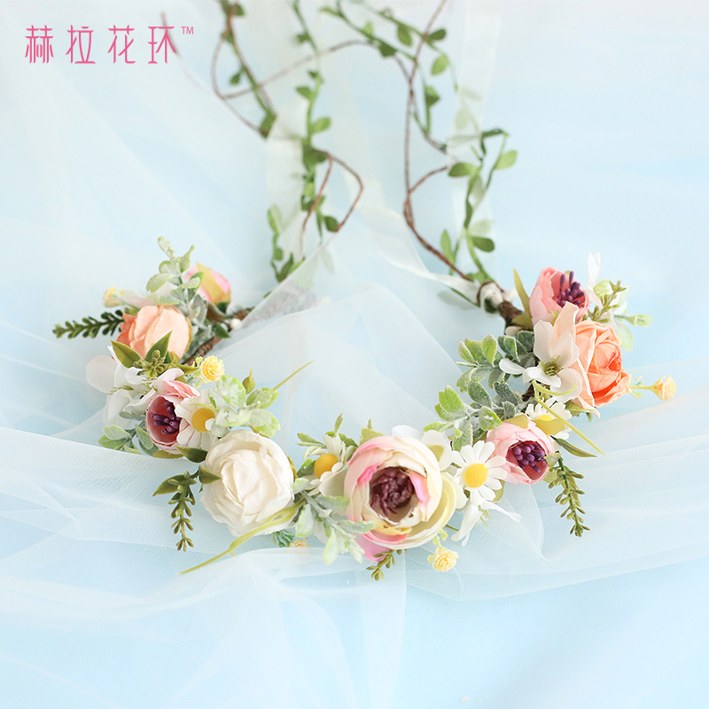 Nuevo estilo transfronterizo dedicado a la guirnalda de primavera, tiara de novia dulce, accesorios de fotografía de estudio de bodas de vacaciones junto al mar