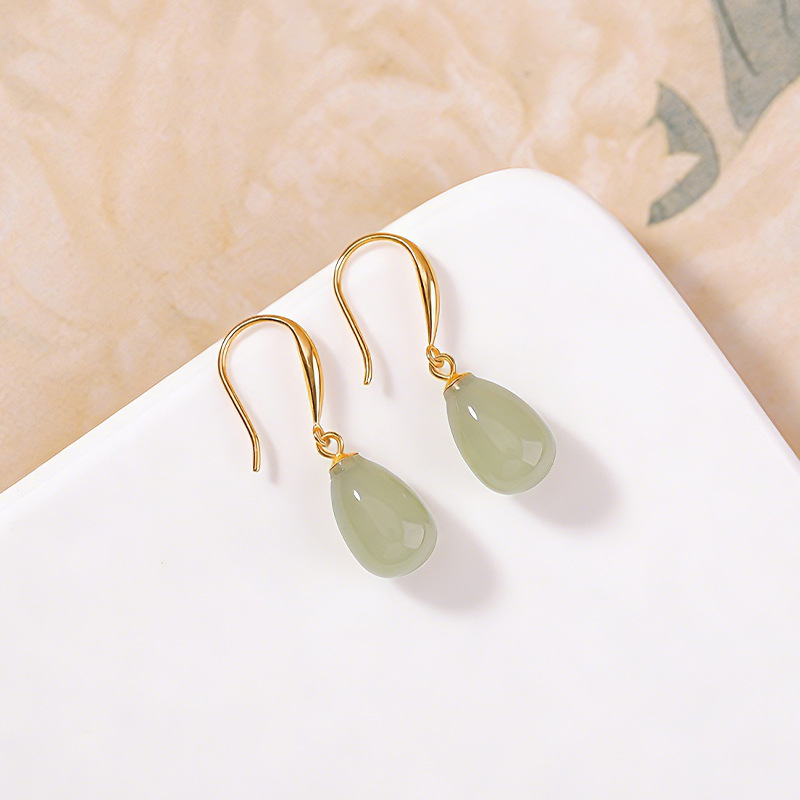Khuyên tai nữ bạc S925 mạ vàng đá ngọc bích tự nhiên hình giọt nước — Kiểu khuyên tai