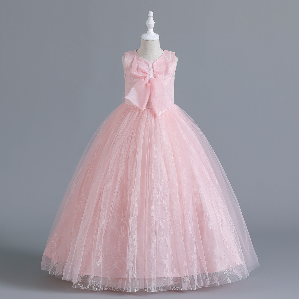 Niñas de encaje arco grande cumpleaños etapa rendimiento vestido de noche medio y grandes niños rendimiento largo mullido vestido lote