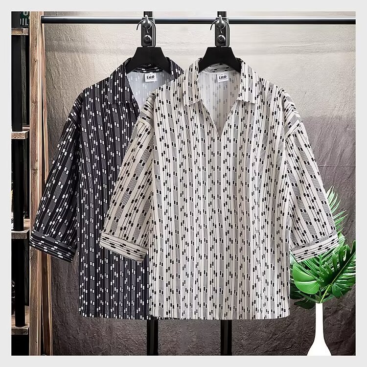 Summer Men's Short-Sleeve Printed Slim Fit Korean Style Casual Three-Quarter Sleeve Wrinkle-Resistant Shirt