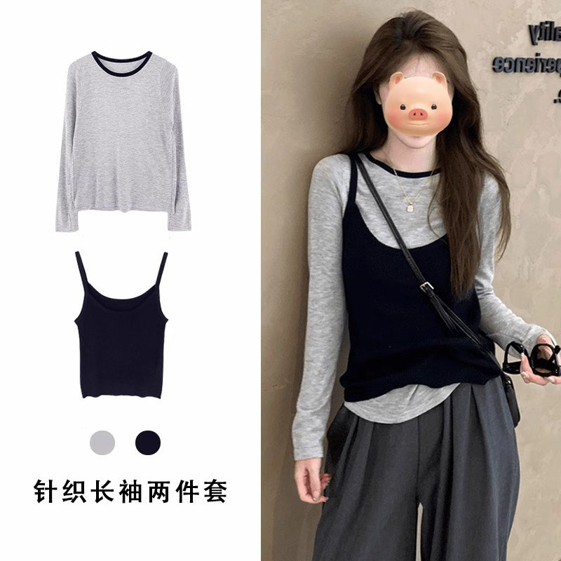 한국 스타일 스택 콘트라스트 크루 넥 니트 긴팔 티셔츠 여성용 가을 2024 새로운 슬림 핏 내베이스 셔츠 탑