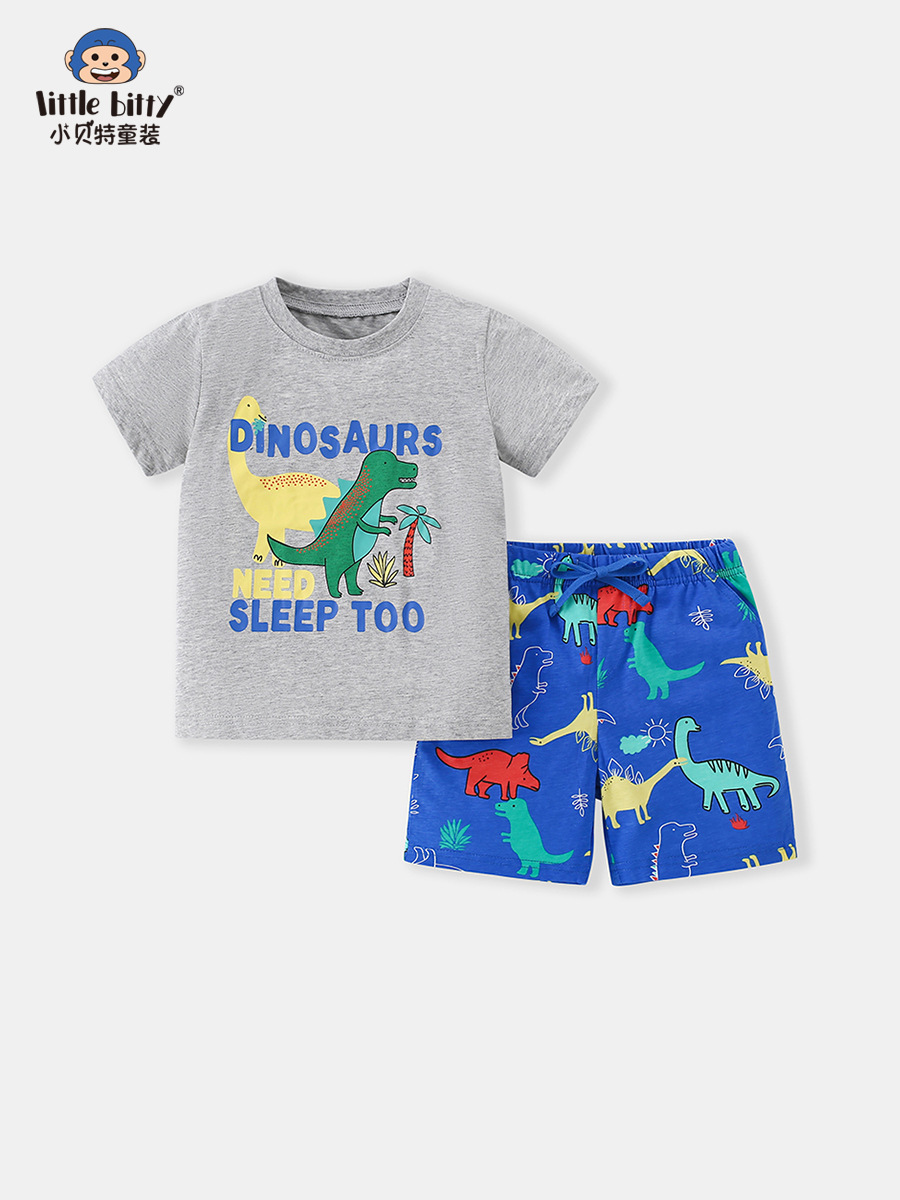 Spring and Summer Cross-Border Children's Short-Sleeved Suits with Cartoon European and American Dinosaur Print Patterns, Two-Piece Shorts Set, Ready for Wholesale
