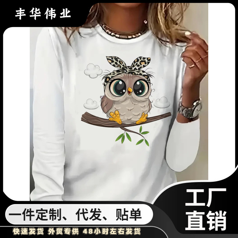 Kawaii Funny Cartoon Owl Print Long Sleeve Shirt Funny Gothic T-Shirt Women's T-Shirt O-Neck Kawaii Funny Cartoon Owl Print Long Sleeve Shirt Funny Gothic T-Shirt Women's T-Shirt O-Neck