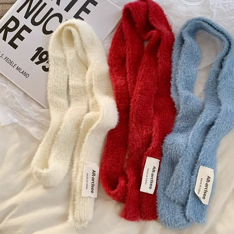 South Korea Solid Color Thin Narrow Long Y2k Plush Thin Scarf Women's Hot Girl Wear Fashionable Long Knitted Scarf Decoration