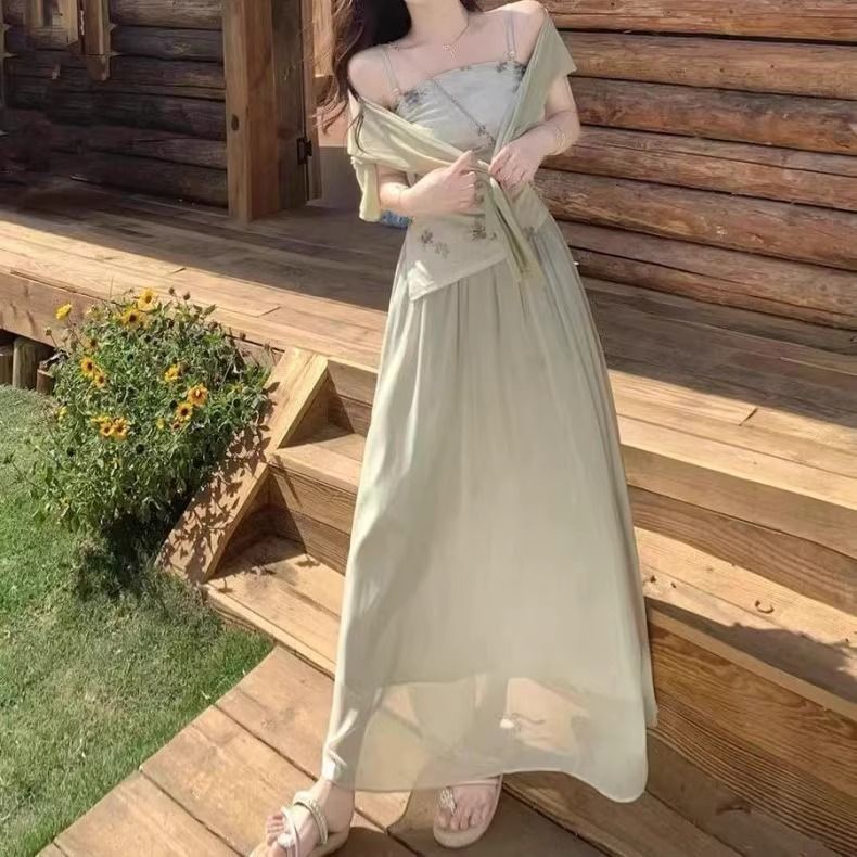 Bộ đầm maxi nữ thắt eo phong cách Trung Quốc mới, áo khoác ngoài + váy nửa người, thiết kế thắt lưng tôn dáng — Dây đeo+áo khoác+váy nửa người chi tiết 4