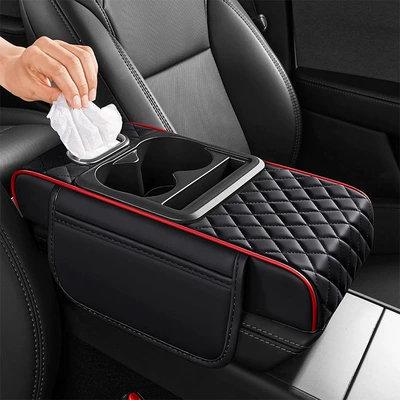 Car Armrest Box Mat, Multifunctional Armrest box pad - black-and-red-upgraded-model-with-tissue-box