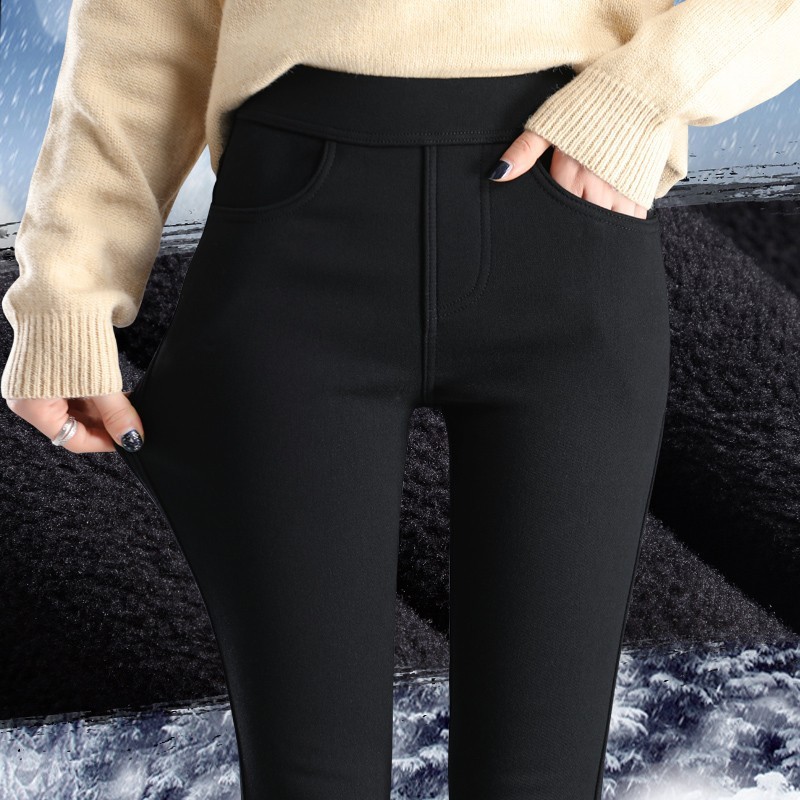 Autumn and winter thick velvet elastic waist black trousers