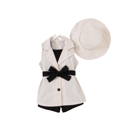 Summer Set for European and American Girls: Toddler Camisole Top + Shorts + Sleeveless Vest + Hat - Four-Piece Set