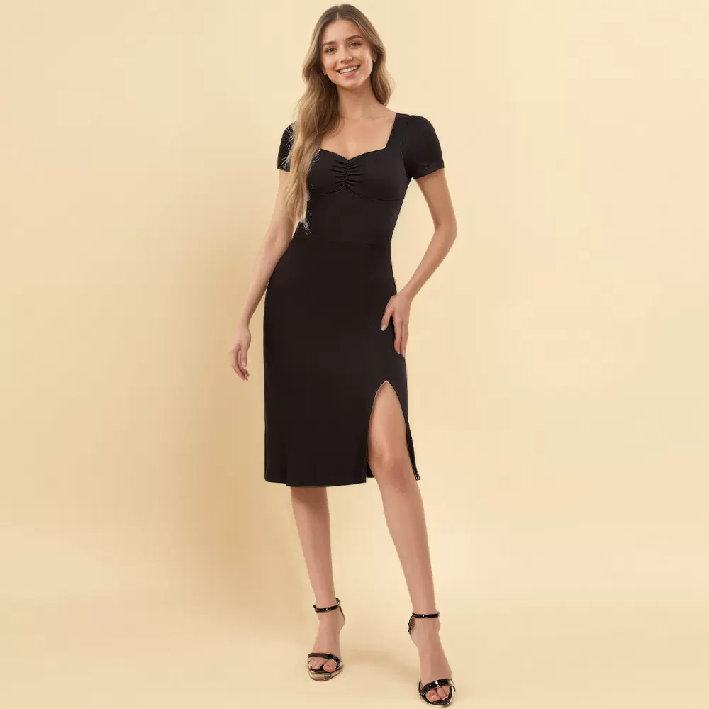 亚马逊速卖通夏季新款气质名媛风法式优雅方领收腰中长款连衣裙女