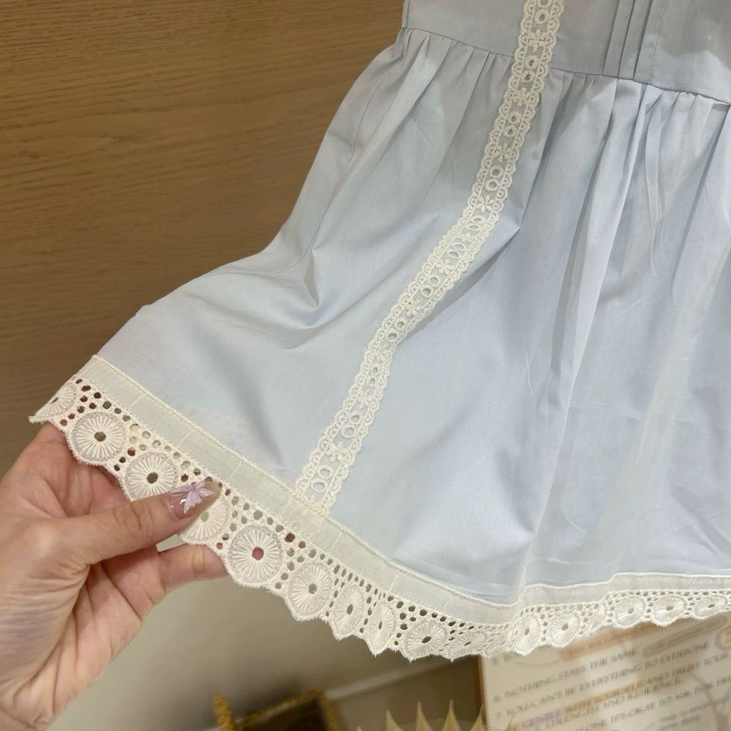 Verano nuevo estilo vestido de niña vestido de muñeca con cuello de encaje azul vestido de bebé estilo occidental vestido de princesa