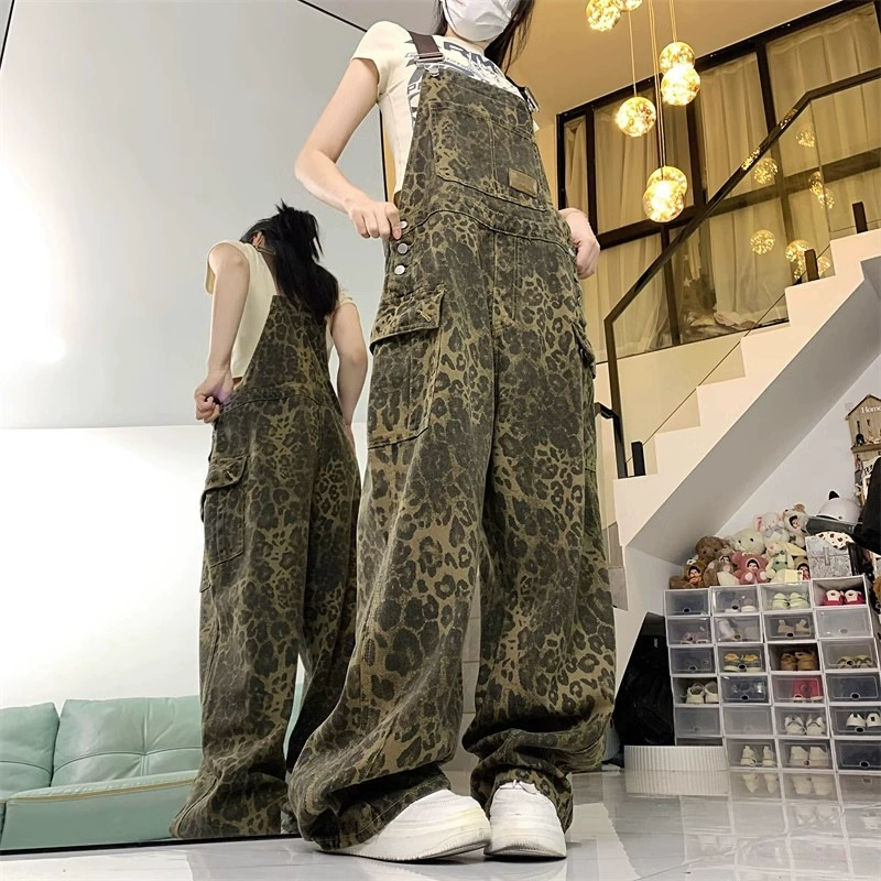 Корейские мульти-карманные джинсовые джинсы с леопардовым принтом для мужчин и женщин тонкие американские уличные повседневные комбинезоны свободные прямые брюки