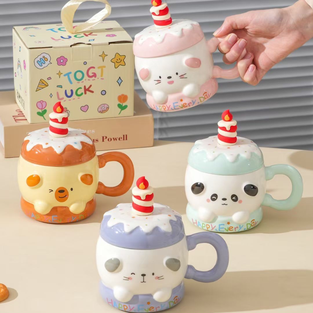 Regalos de cumpleaños para chicas pastel taza con cubierta cucharas de cerámica de oficina taza de agua de alto valor
