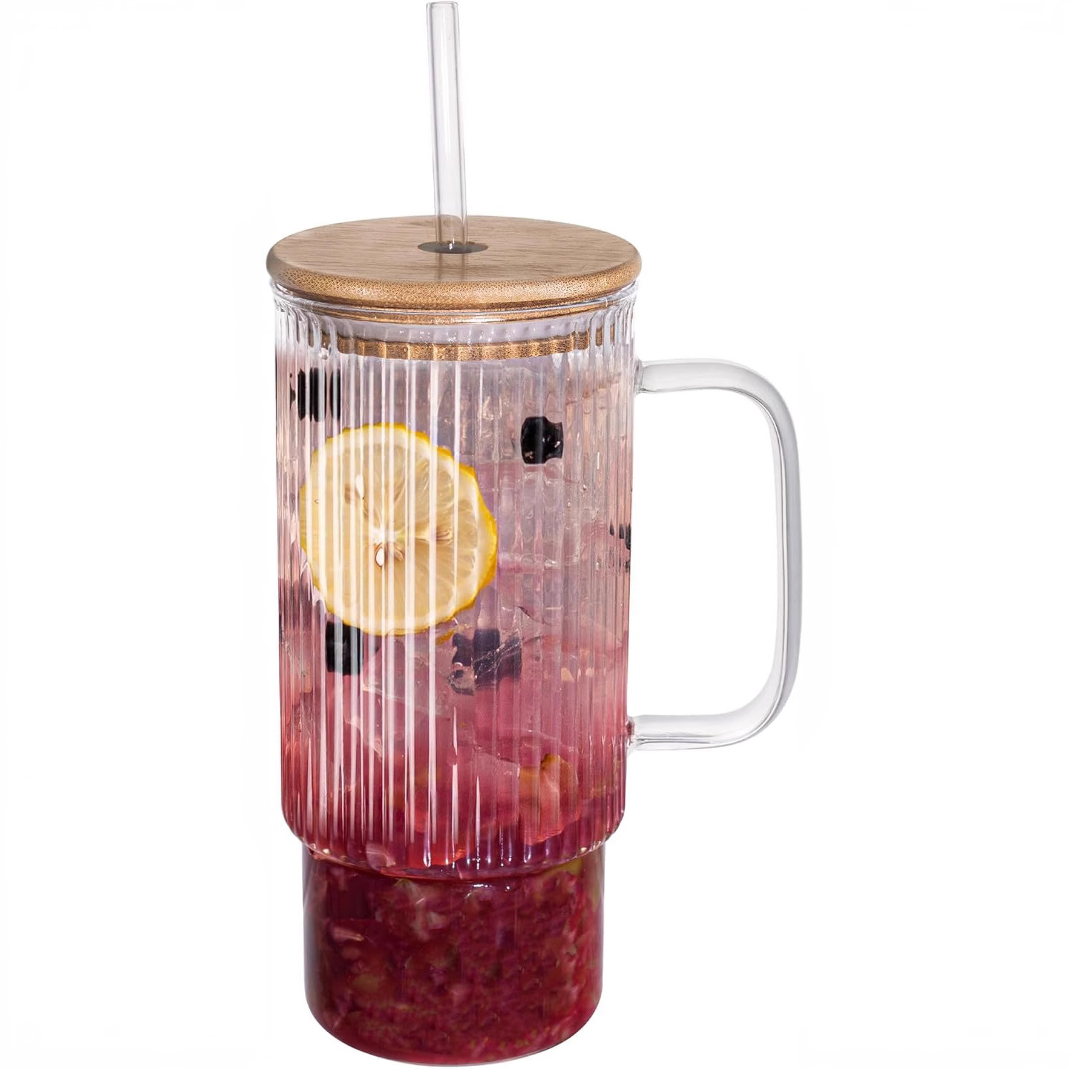 Amazon transfronterizo explosivo 16OZ taza de paja de vidrio con asa taza de coche de rayas verticales de gran capacidad soporte etiquetado