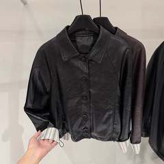 韩系拼接休闲短款PU皮外套女2025春秋新款设计感翻领软皮夹克上衣