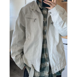 American vintage vintage wash canvas denim jacket for men and women multi-pocket stand collar workwear couple jacket