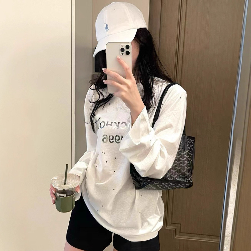 Nanyou Wholesale Correct Version New Product 1996 Mirror Print Letter High Pressure Rhinestone Loose Long Sleeve T-Shirt for Women