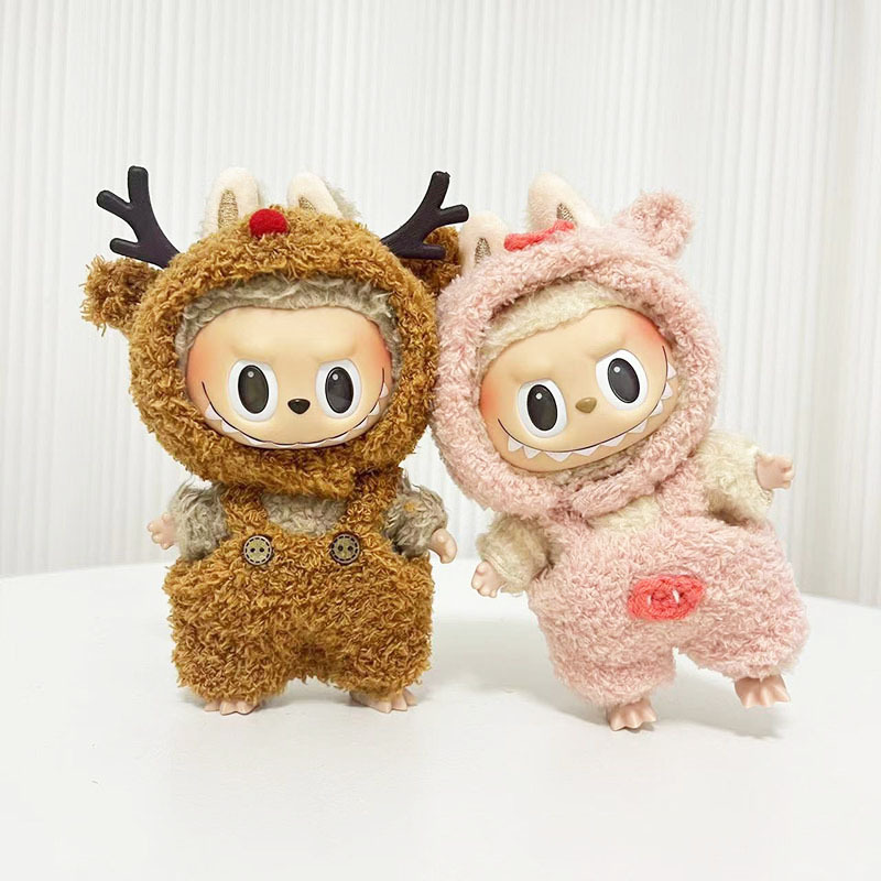 Caja ciega de 17cm, tela de tela, traje de mono de alce pequeño de terciopelo de nube, colgante de labubu, vestido de Navidad de cerdo
