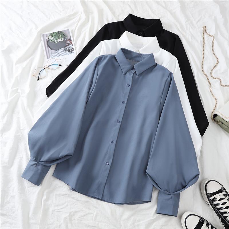 2026 New White Lantern Sleeve Shirt for Women, Unique Design, Loose Long-Sleeve Turn-Down Collar Top, Slimming and Elegant