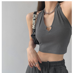 Pure Desire Metal Heart Hollow Out Neckless Strap Design-Savvy Sleeveless Top Revealing Navel Short-Sleeve Women's Backless Top