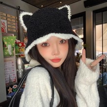 韩版百搭秋冬新款女可爱小熊耳朵仿羊羔绒渔夫帽加绒保暖波浪盆帽