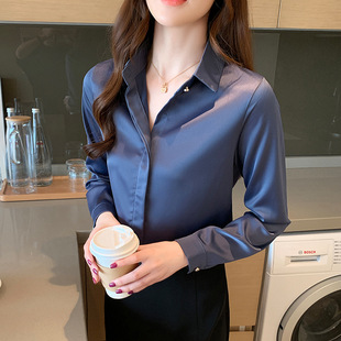 in stock 2024 Satin Autumn New Women's Shirt Long-sleeved Work Dress Slim-fit Work Clothes Shirt