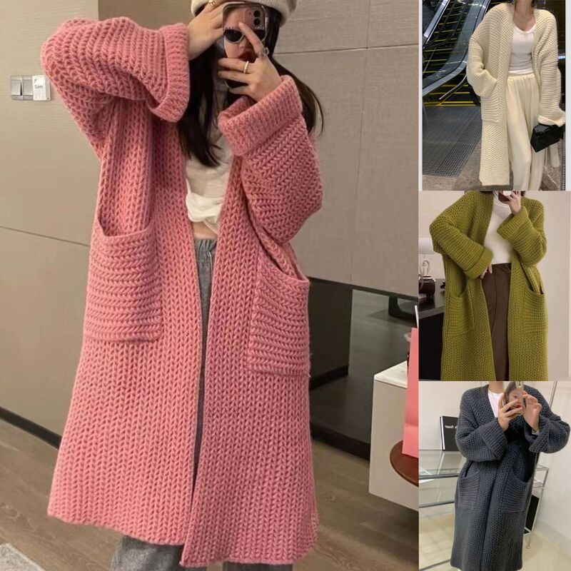 Cross-Border Autumn and Winter Thick Knit Sweater for Women with Double Pockets, Casual Lazy Style, Mid-Length Loose Sweater Cardigan for Women Cross-Border Autumn and Winter Thick Knit Sweater for Women with Double Pockets, Casual Lazy Style, Mid-Length Loose Sweater Cardigan for Women